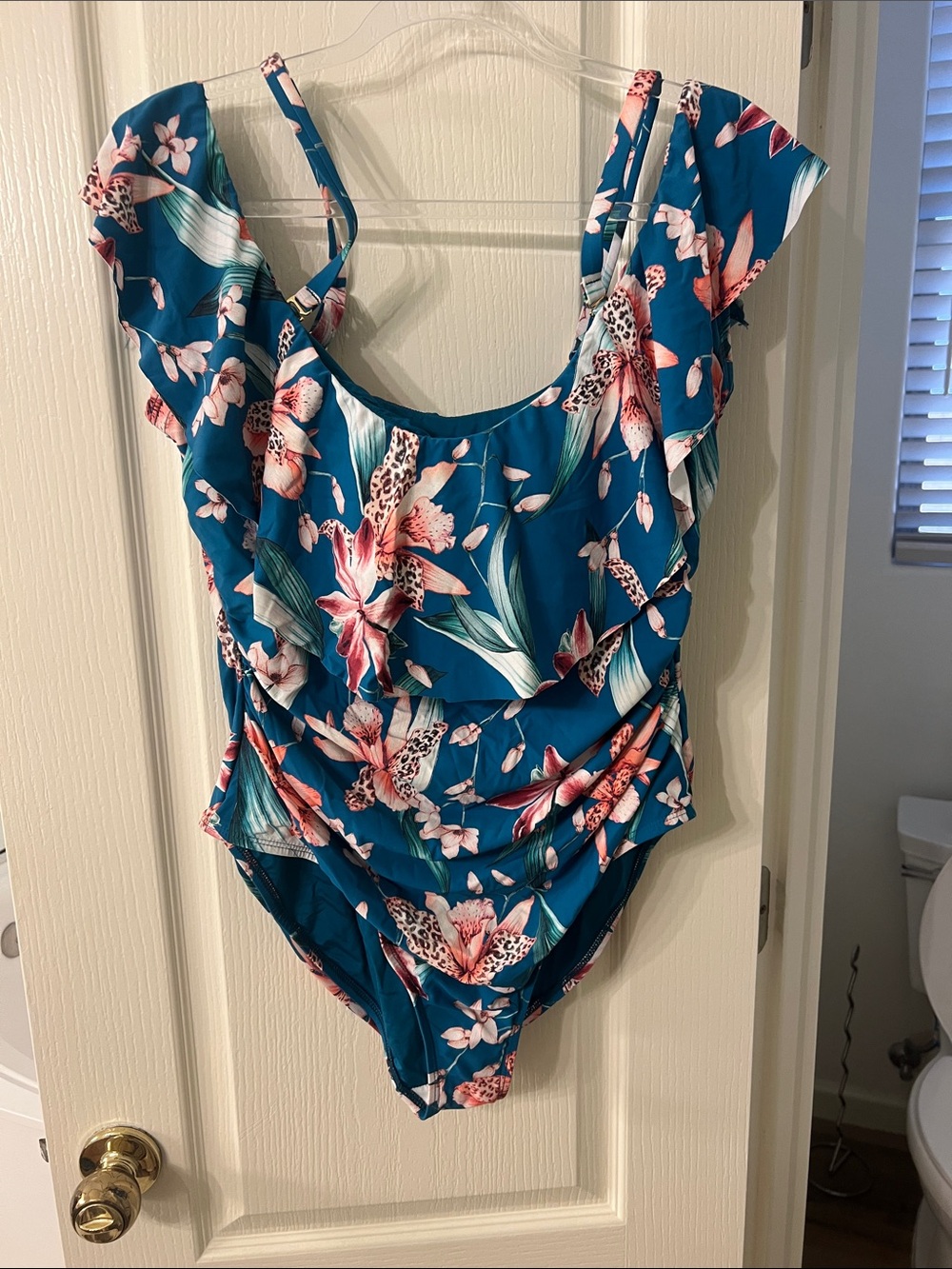 La Blanca Teal Floral Ruffle One-Piece Swimsuit 18W